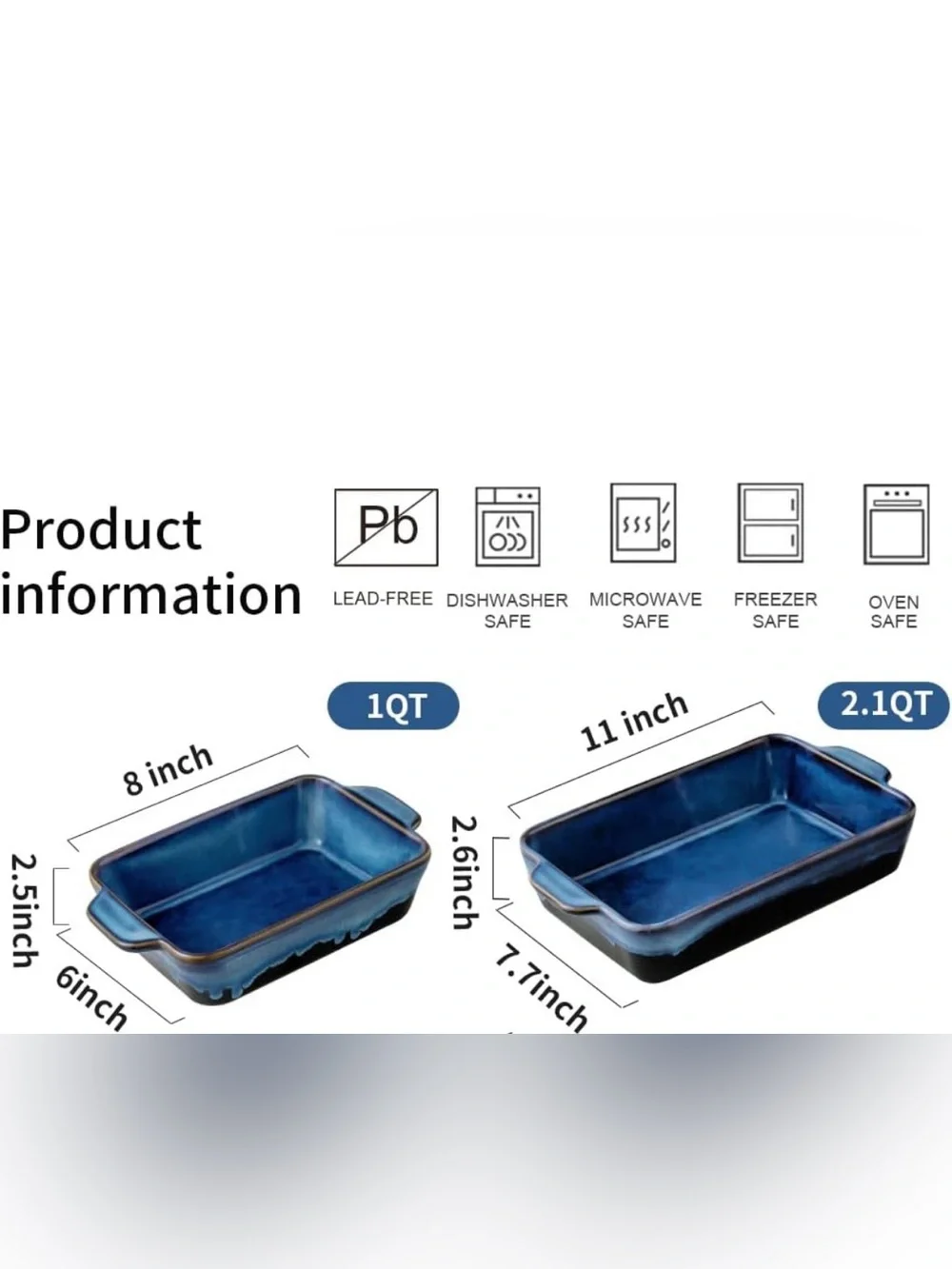 New Open Box Blue KOOV Bakeware Set Ceramic Baking Dish, 2Rectangular Casserole